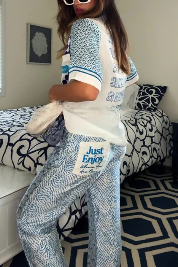 Einzigartige Dragon Print kurze Ärmel lockeres Shirt und elastische Taille Tasche Hosen Set