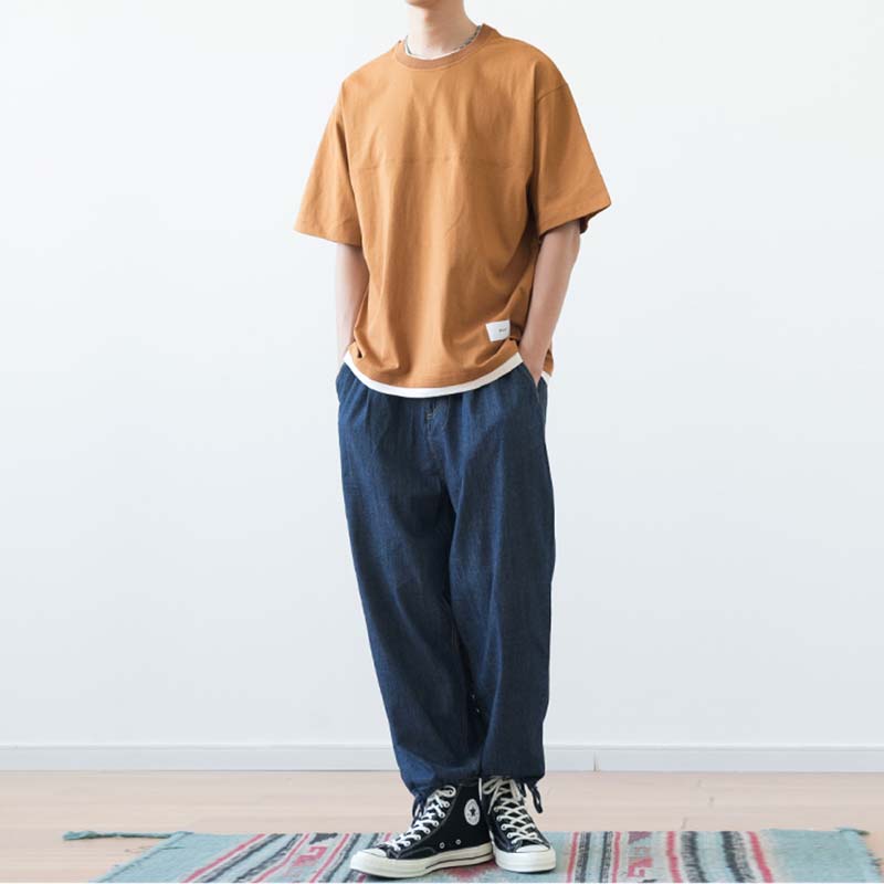 Japanisches lockeres Drop Shoulder Fake Zweiteiler T-Shirt