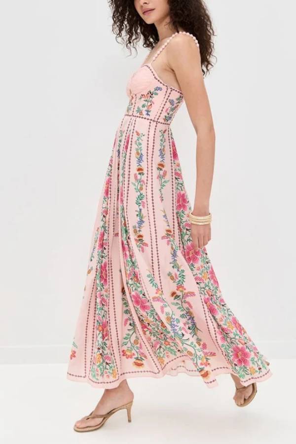 Delicate Forest Einzigartige Print Sweetheart Neck Perlen Träger Maxi Kleid