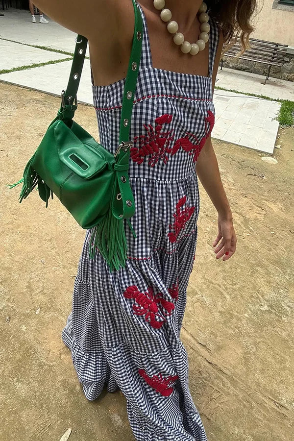 Maysa - Langes kariertes Kleid mit gestickten Shrimps