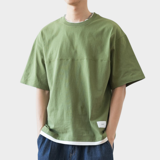 Japanisches lockeres Drop Shoulder Fake Zweiteiler T-Shirt