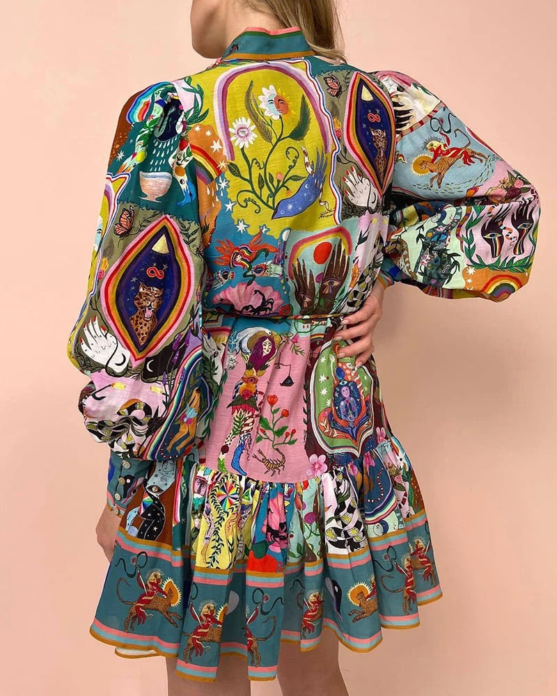Bedrucktes - Plissee-Kleid mit Schnürung