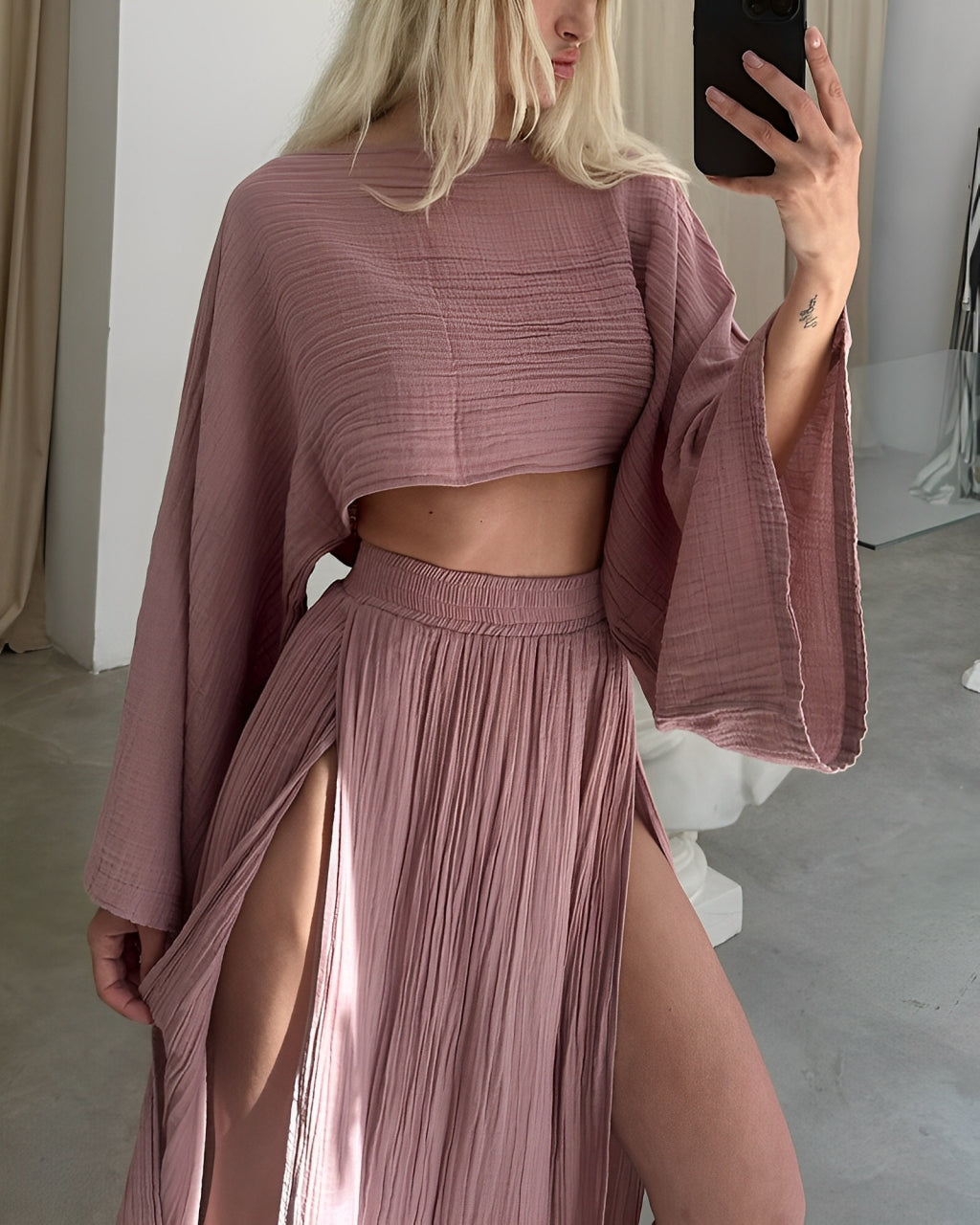 Clara - Chic Slit Zweiteiliges Leinenset