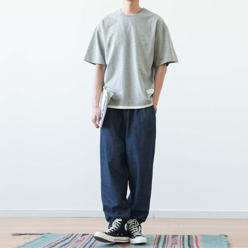 Japanisches lockeres Drop Shoulder Fake Zweiteiler T-Shirt