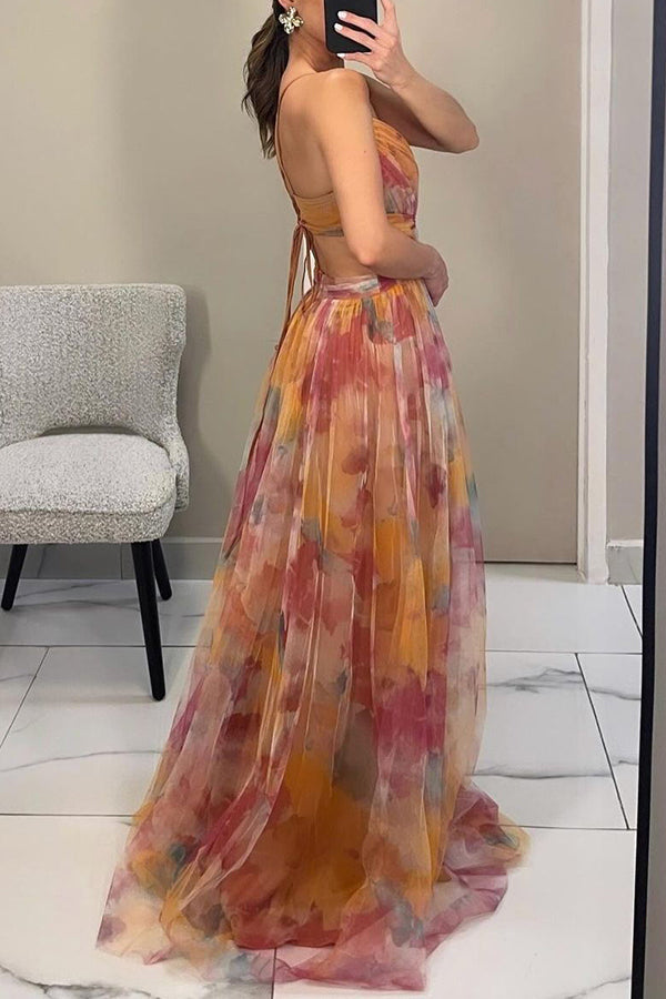Frostine | Romantisches langes Kleid mit Blumenmuster