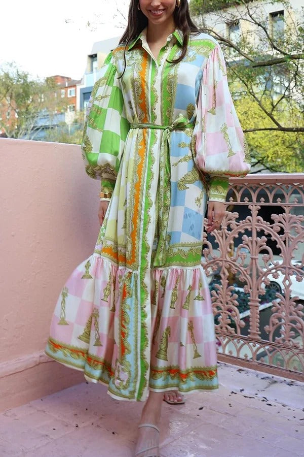 Gartenparty Satin Einzigartiger Druck Ballonärmel Gürtelhemd Maxikleid