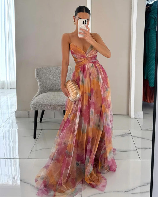 Frostine | Romantisches langes Kleid mit Blumenmuster