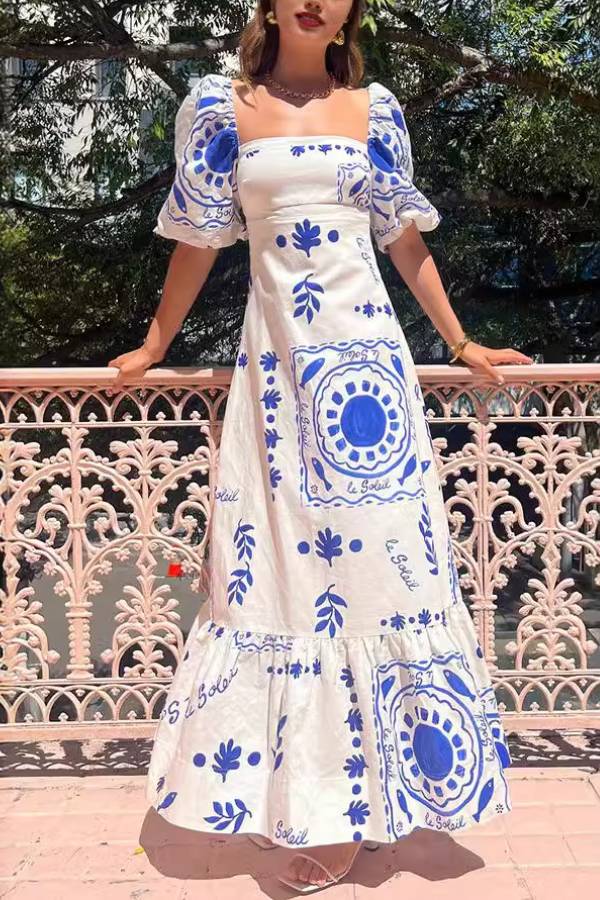 Auf der Suche nach Sunshine Floral Print Square Neck Bubble Sleeve Maxi Dress