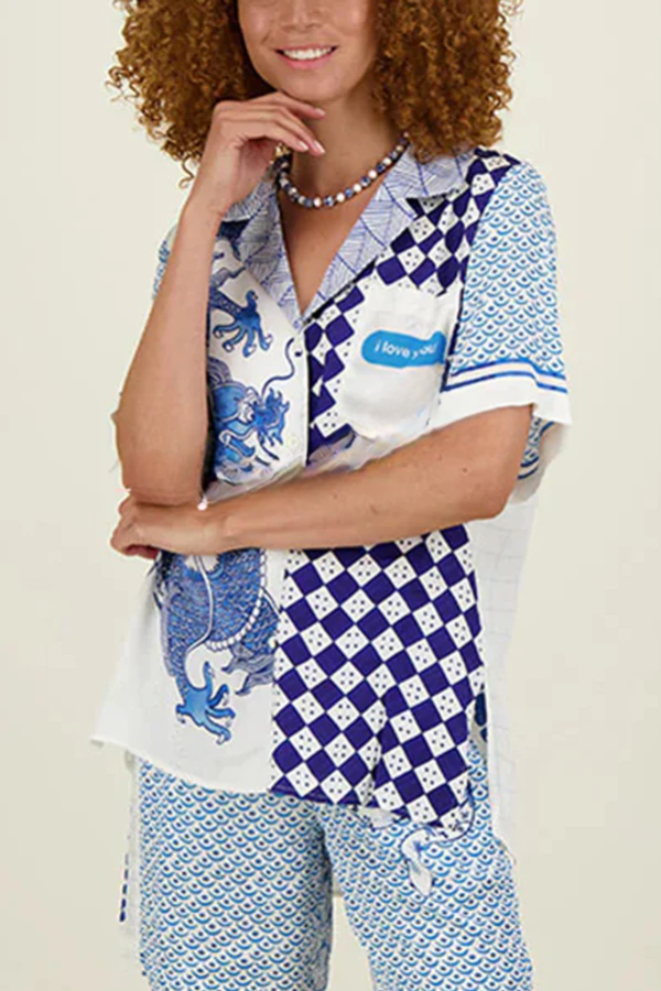Einzigartige Dragon Print kurze Ärmel lockeres Shirt und elastische Taille Tasche Hosen Set