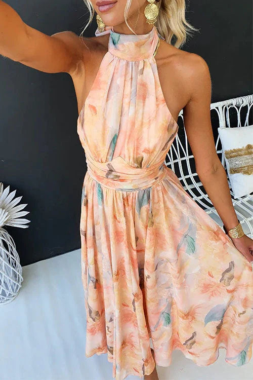 Sari - Langes Kleid Aquarell mit Halfterkragen und Neckholder