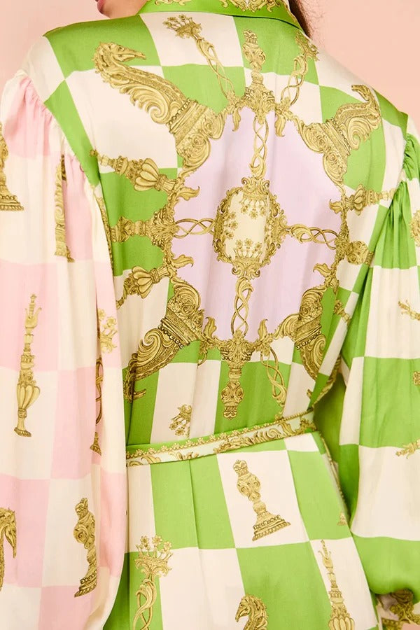 Gartenparty Satin Einzigartiger Druck Ballonärmel Gürtelhemd Maxikleid