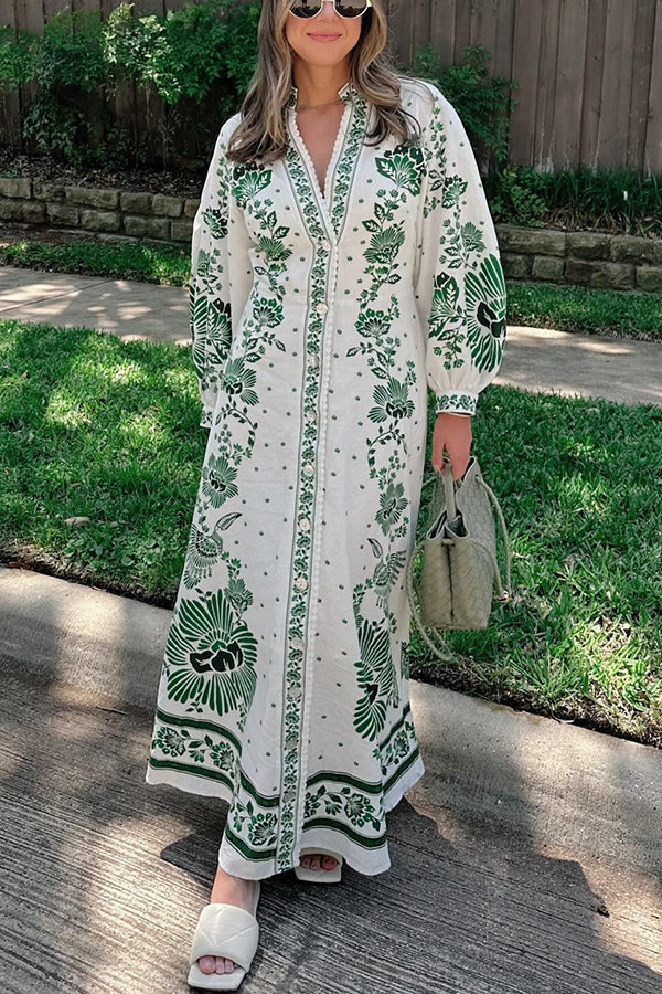 Einzigartiger Druck Button Down Langarm Shirt Maxikleid
