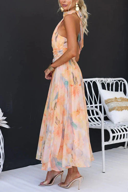 Sari - Langes Kleid Aquarell mit Halfterkragen und Neckholder