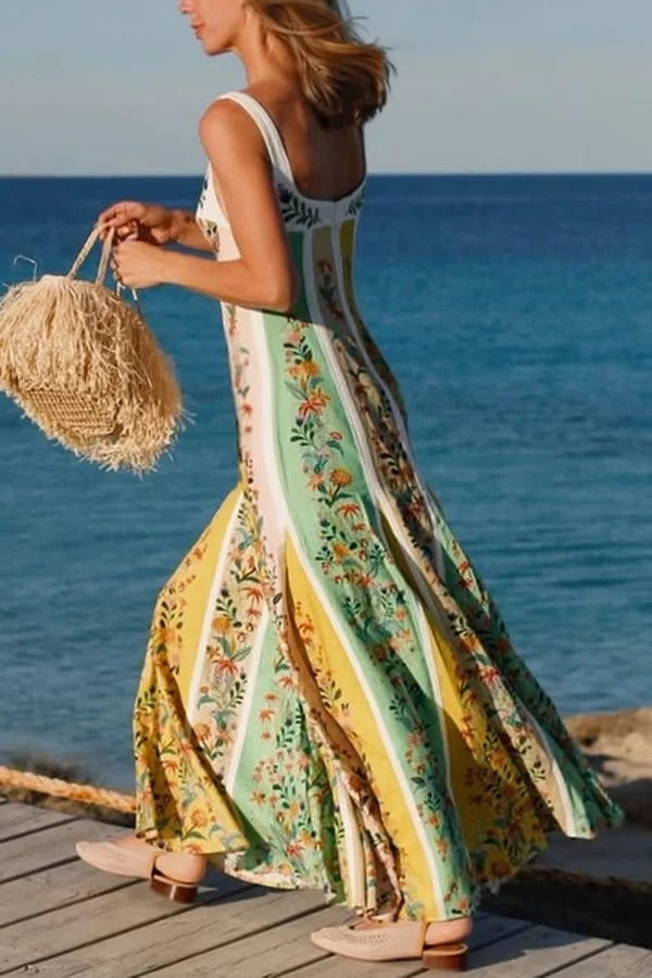 Sweet Garden Leinenmischung Farbblock-Maxikleid mit Blumenmuster