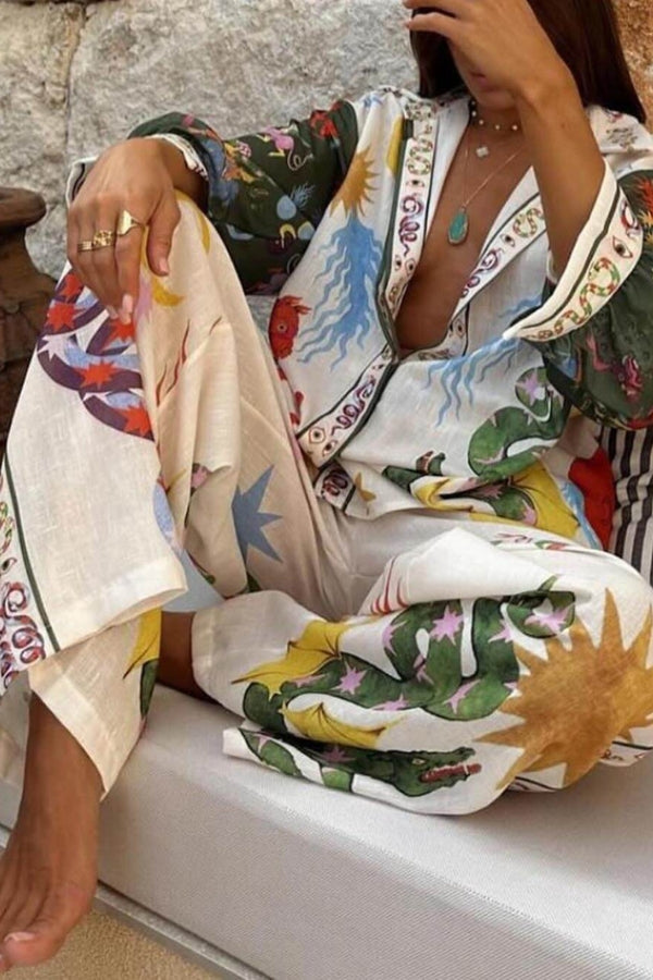 Bohemian Beauty Einzigartiger Druck Langärmeliges lockeres Shirt und elastische Taille Hose Set