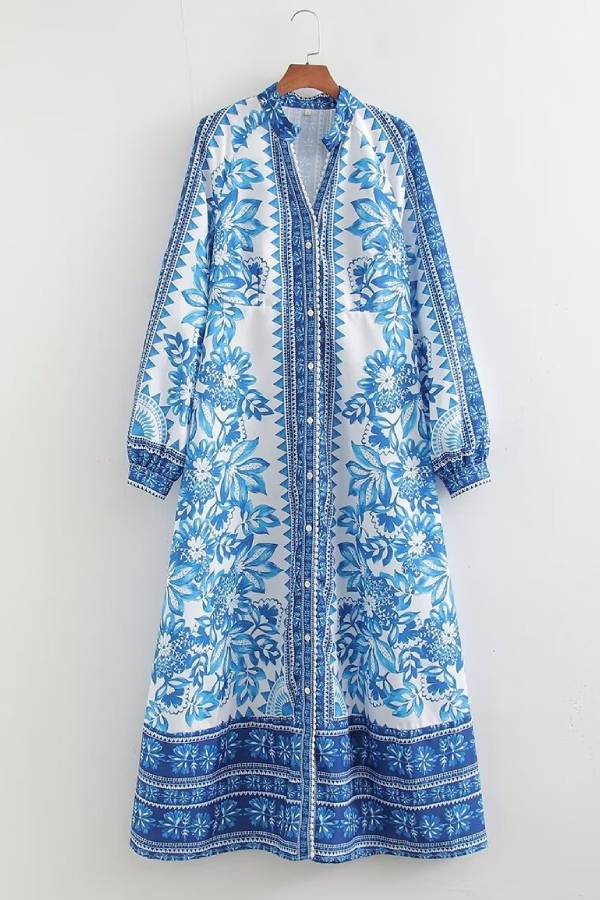 Einzigartiger Druck Button Down Langarm Shirt Maxikleid
