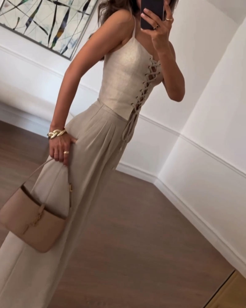 Romina - Zweiteiliges Ensemble mit einem Oberteil zum Binden mit schmalen Trägern und einer fließenden weiten Hose