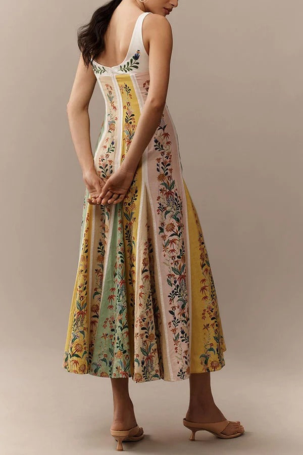 Sweet Garden Leinenmischung Farbblock-Maxikleid mit Blumenmuster