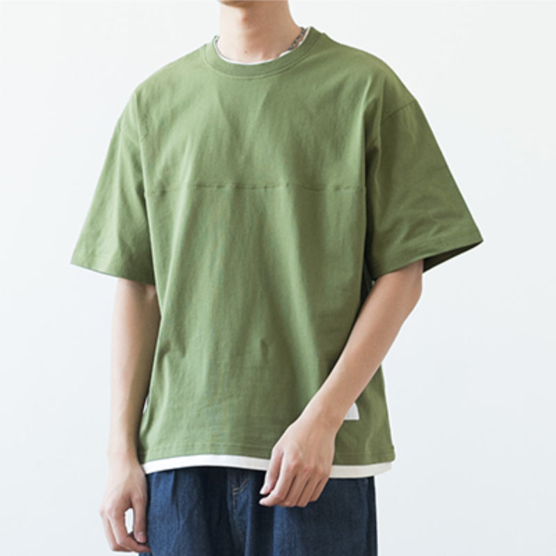 Japanisches lockeres Drop Shoulder Fake Zweiteiler T-Shirt