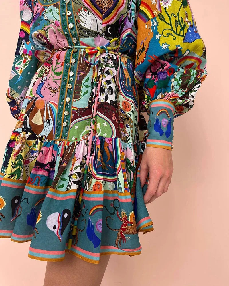 Bedrucktes - Plissee-Kleid mit Schnürung