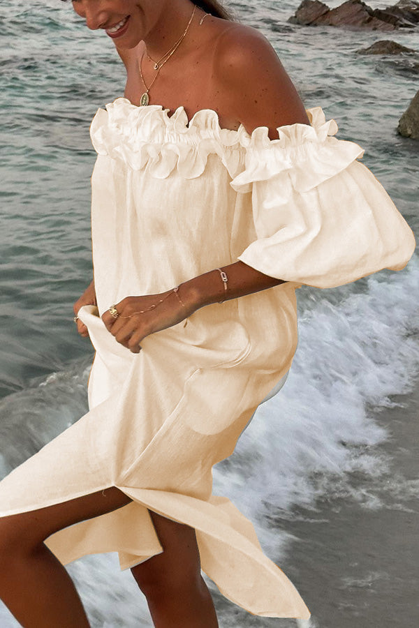 Leen - Midikleid mit entblößten Schultern, voluminösem Volant und Ballonärmeln