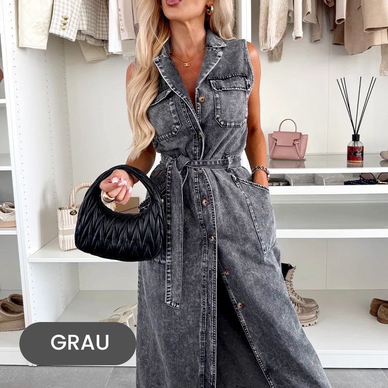 Selina - Damen Denim Midikleid mit Taillenband