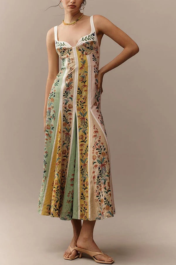 Sweet Garden Leinenmischung Farbblock-Maxikleid mit Blumenmuster