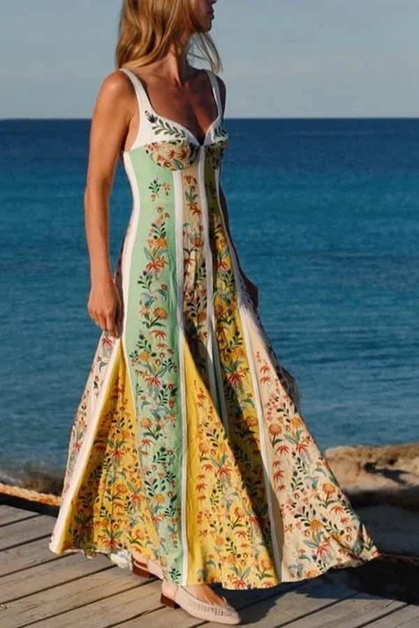 Sweet Garden Leinenmischung Farbblock-Maxikleid mit Blumenmuster