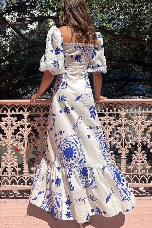 Auf der Suche nach Sunshine Floral Print Square Neck Bubble Sleeve Maxi Dress
