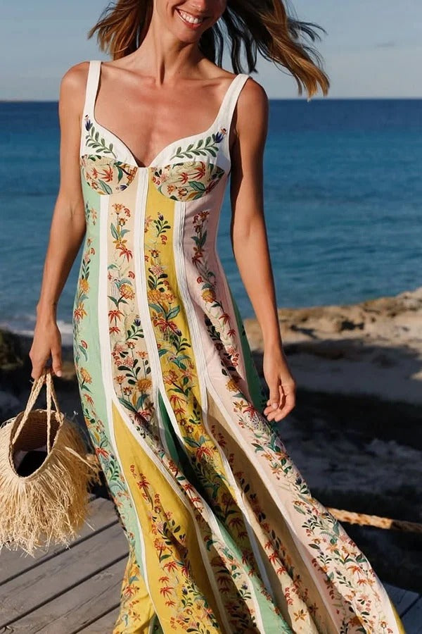 Sweet Garden Leinenmischung Farbblock-Maxikleid mit Blumenmuster