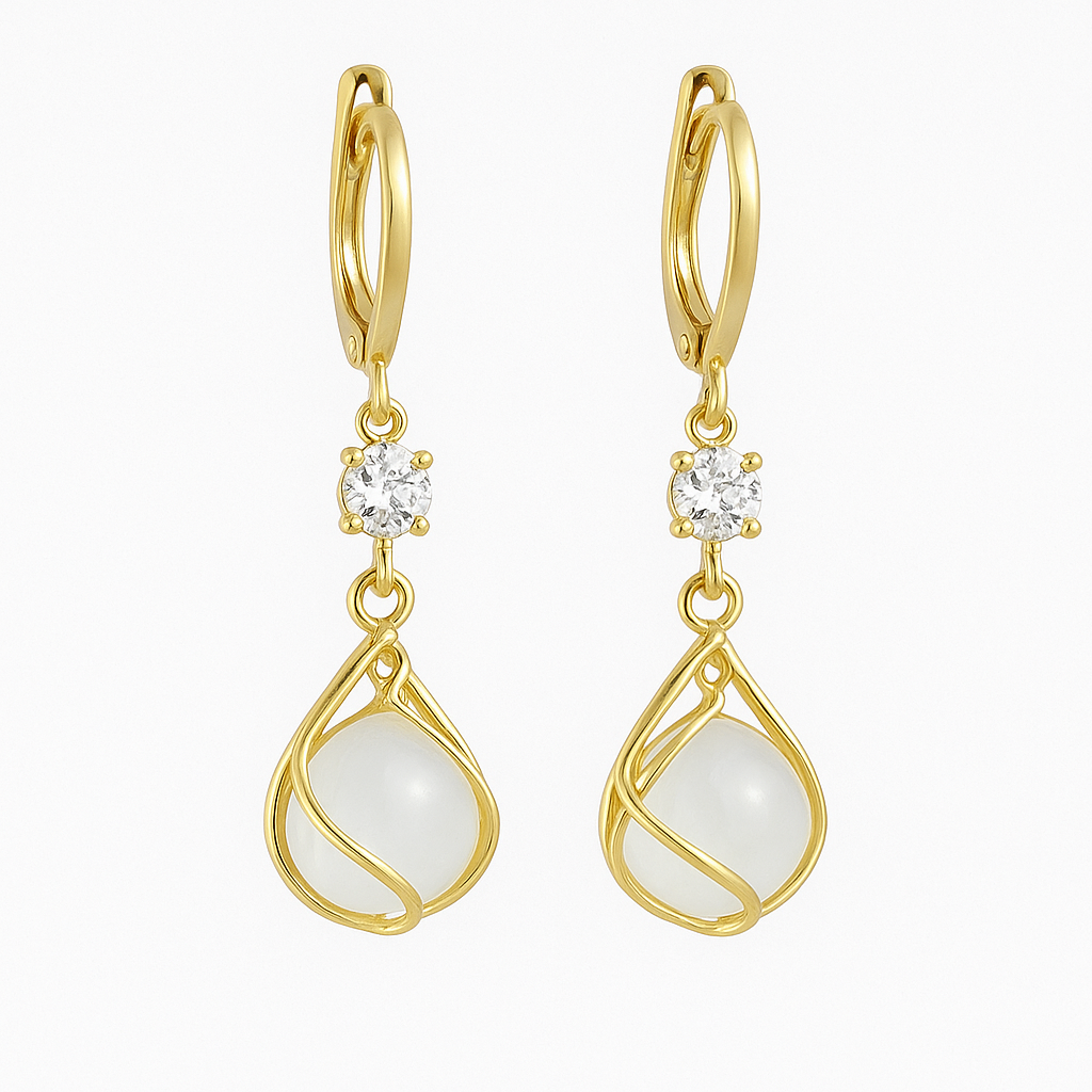 Vintage Weiß Opal baumelnden Gold-Ohrringe