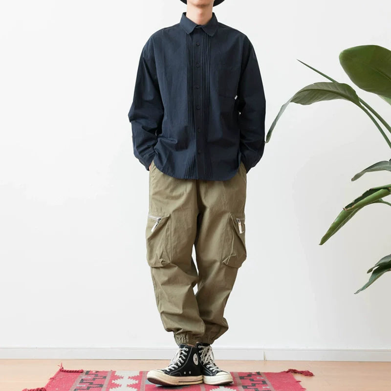Japanisches Retro-Hemd mit langen Ärmeln und fester Farbe
