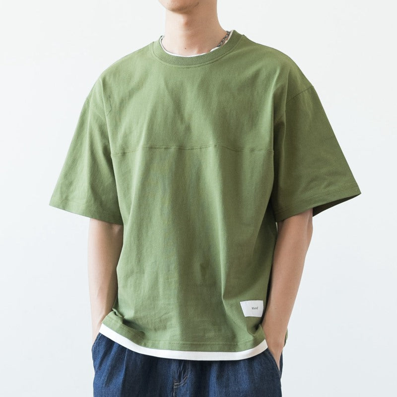 Japanisches lockeres Drop Shoulder Fake Zweiteiler T-Shirt