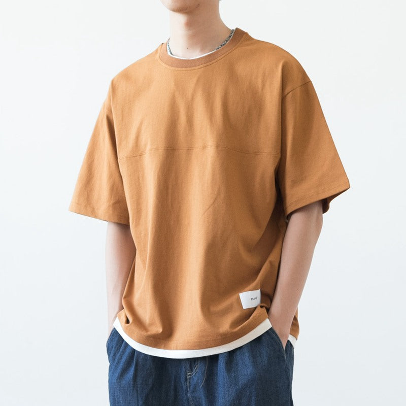 Japanisches lockeres Drop Shoulder Fake Zweiteiler T-Shirt