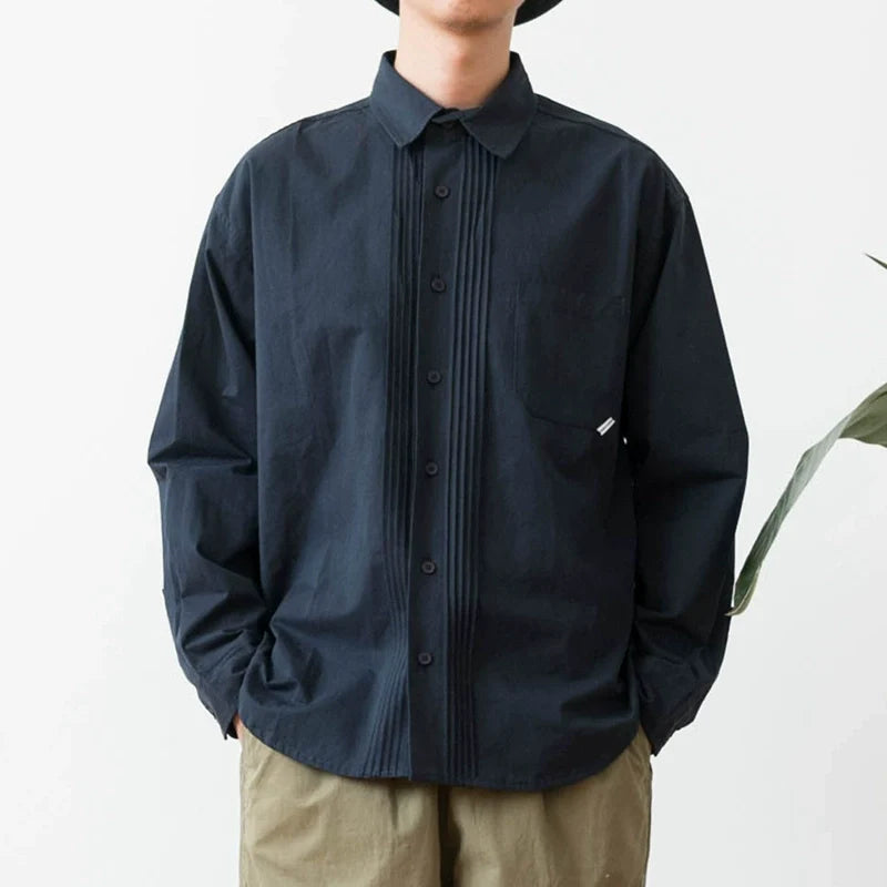 Japanisches Retro-Hemd mit langen Ärmeln und fester Farbe
