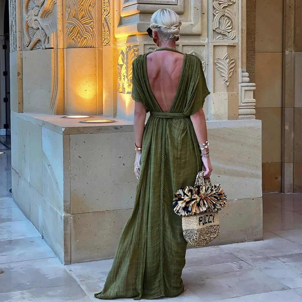 Fem - Langes drapiertes Kleid im griechischen Stil mit dekorativen Borten und Kimono-Ärmeln