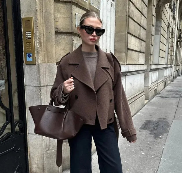 Maria - Brauner Retro-Wollmantel mit langen Ärmeln