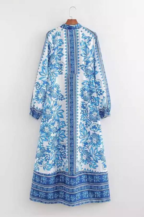 Einzigartiger Druck Button Down Langarm Shirt Maxikleid