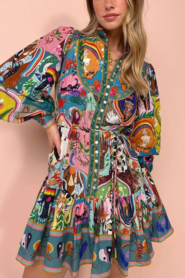 Bedrucktes - Plissee-Kleid mit Schnürung