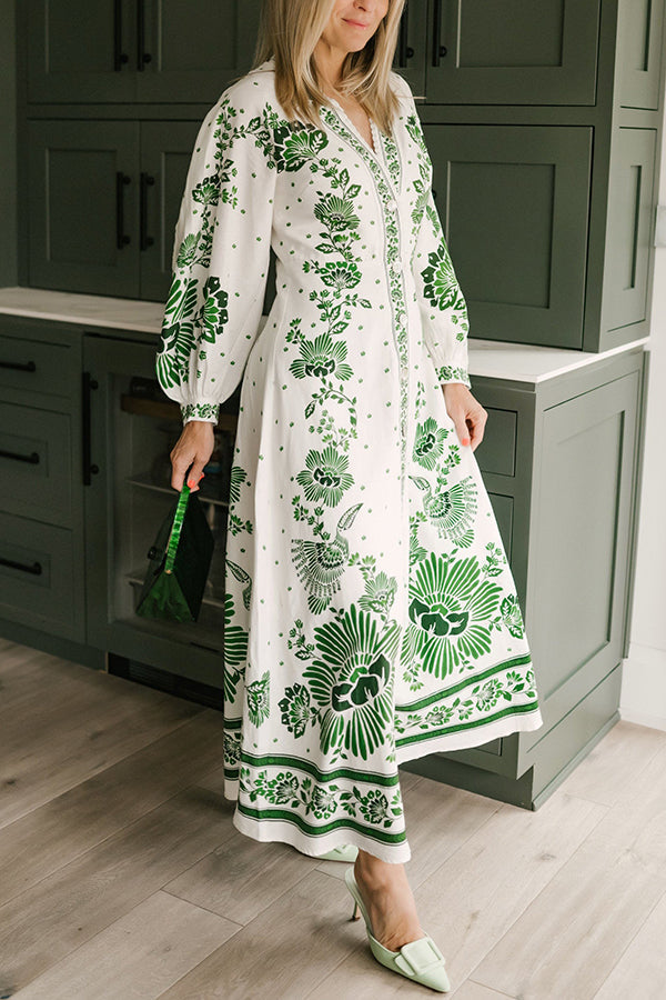Einzigartiger Druck Button Down Langarm Shirt Maxikleid