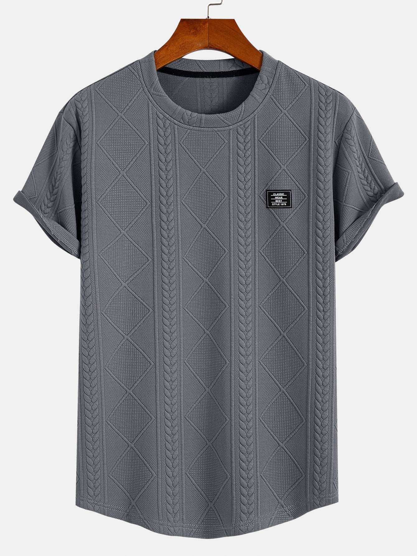 Kurzarm-T-Shirt mit geometrischem Jacquard-Muster und gebogenem Saum