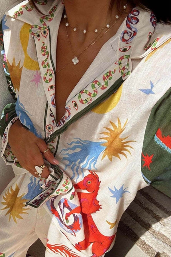 Bohemian Beauty Einzigartiger Druck Langärmeliges lockeres Shirt und elastische Taille Hose Set
