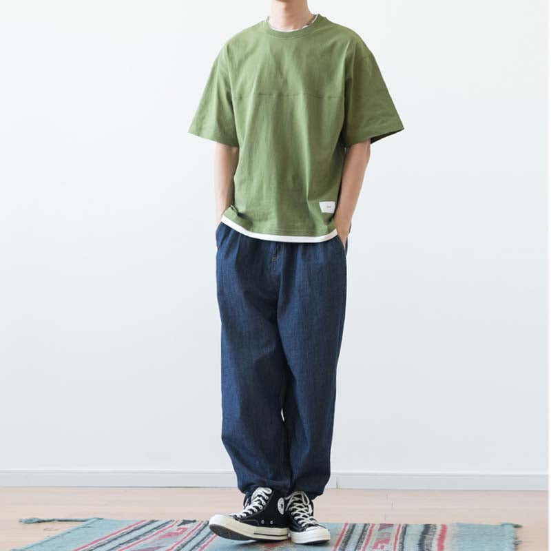 Japanisches lockeres Drop Shoulder Fake Zweiteiler T-Shirt