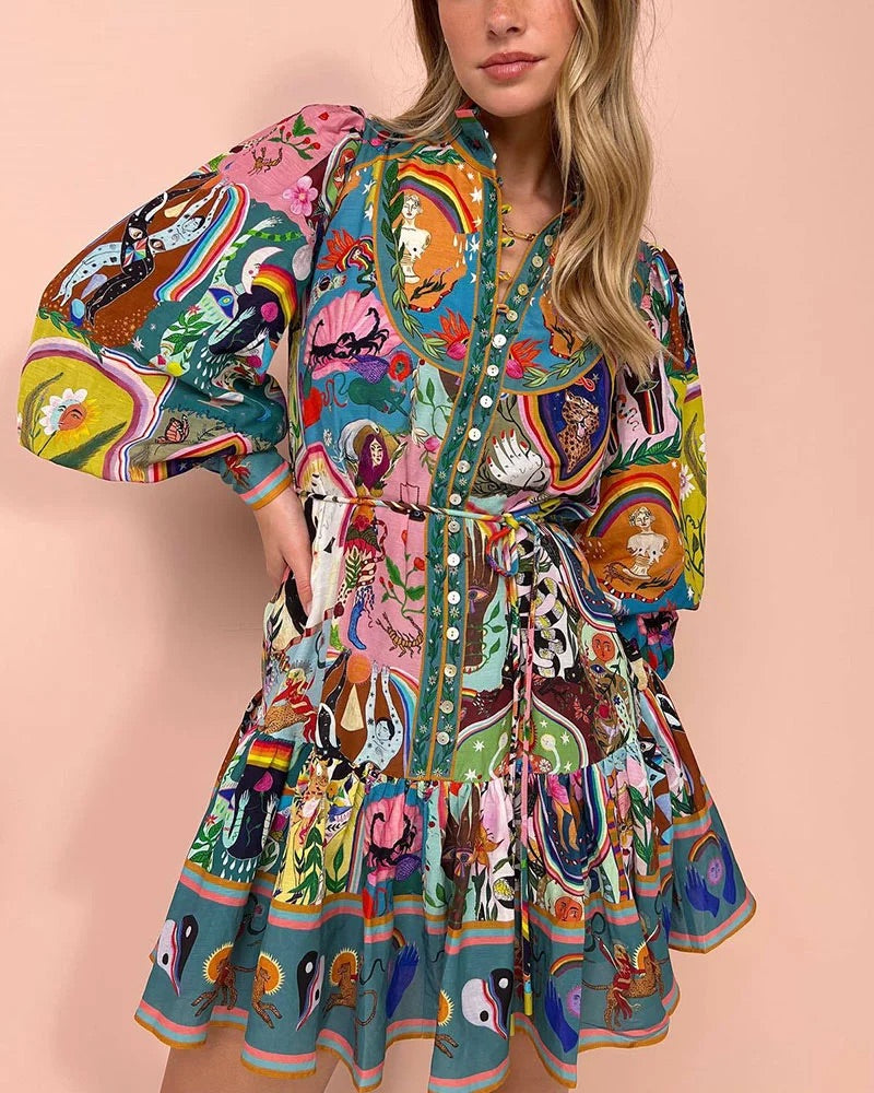 Bedrucktes - Plissee-Kleid mit Schnürung