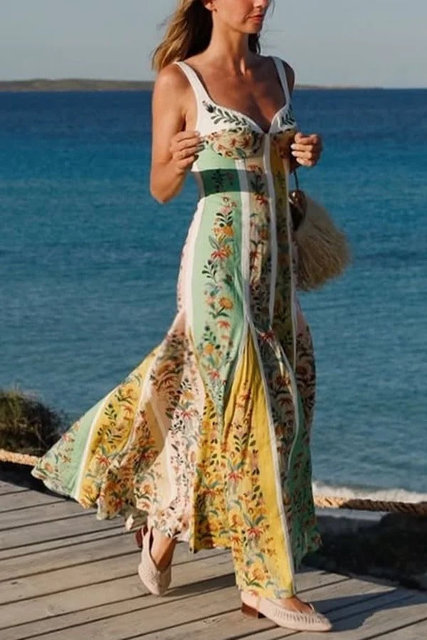 Sweet Garden Leinenmischung Farbblock-Maxikleid mit Blumenmuster
