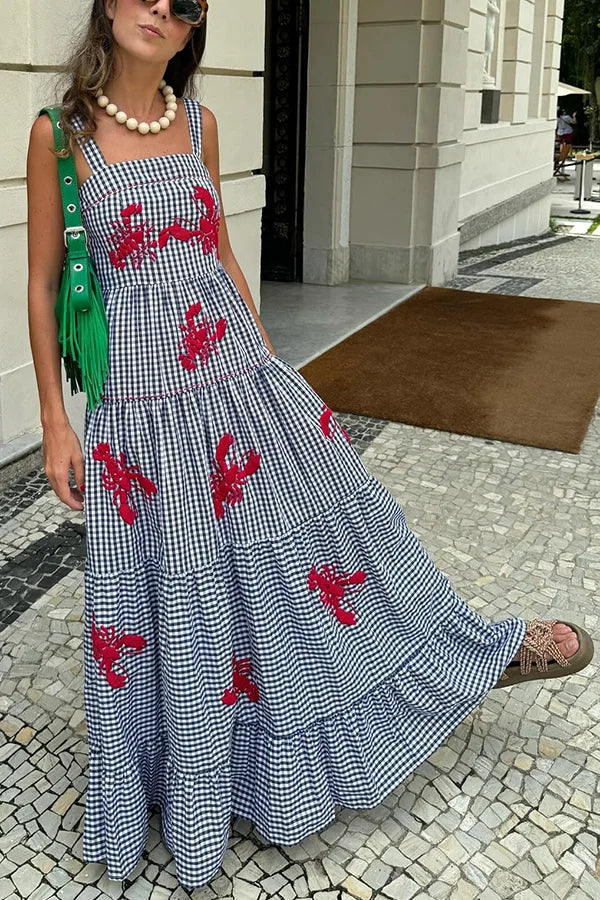 Maysa - Langes kariertes Kleid mit gestickten Shrimps