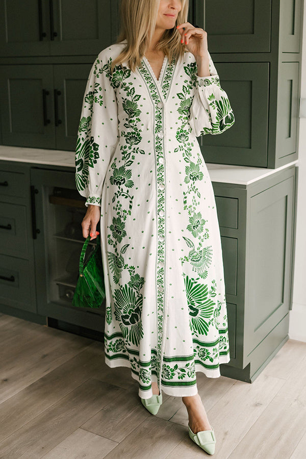 Einzigartiger Druck Button Down Langarm Shirt Maxikleid