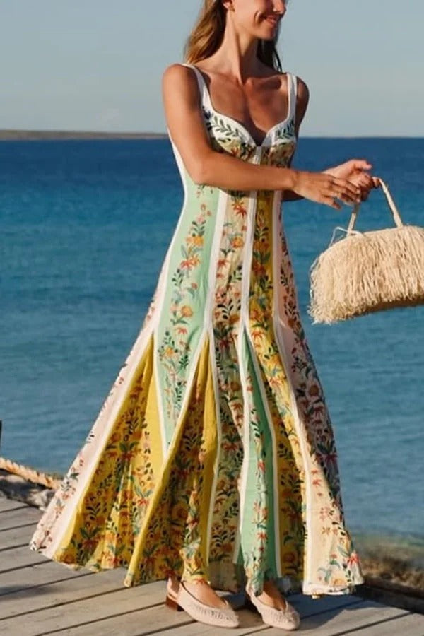 Sweet Garden Leinenmischung Farbblock-Maxikleid mit Blumenmuster