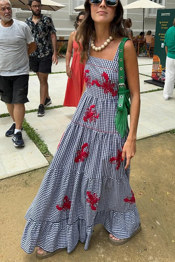 Maysa - Langes kariertes Kleid mit gestickten Shrimps