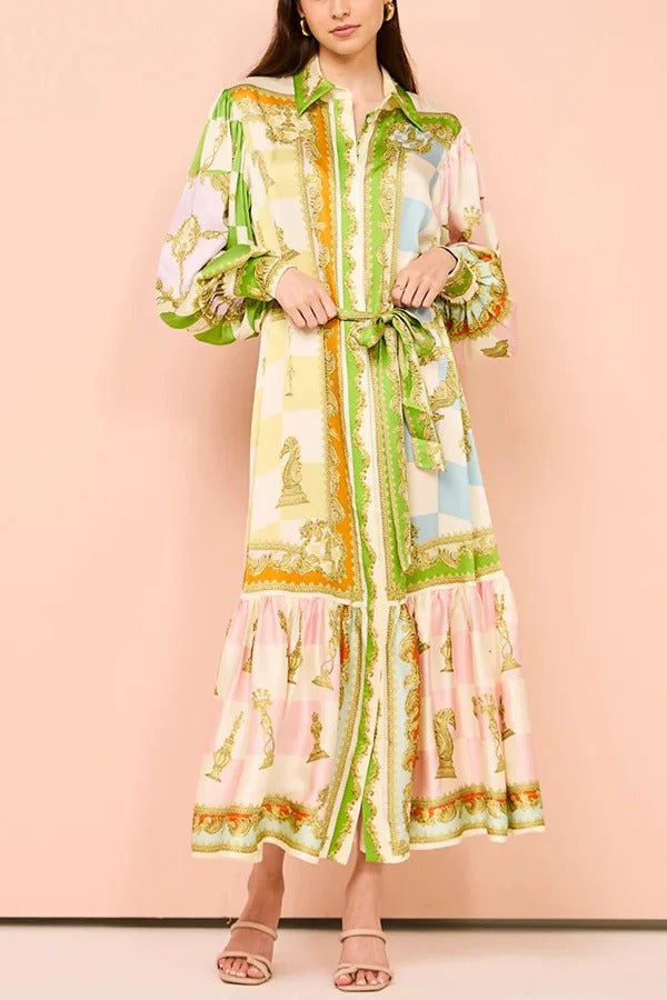 Gartenparty Satin Einzigartiger Druck Ballonärmel Gürtelhemd Maxikleid